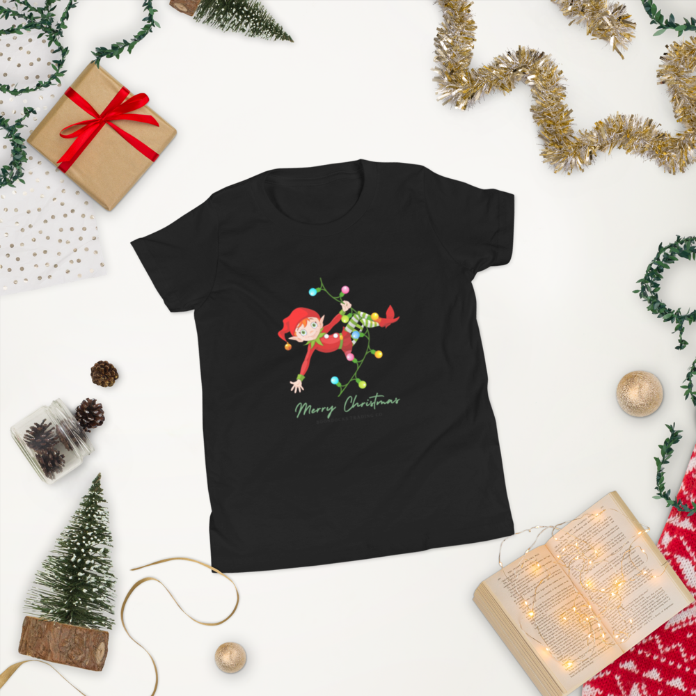 Elf Swinging on Christmas Lights Youth T-shirt