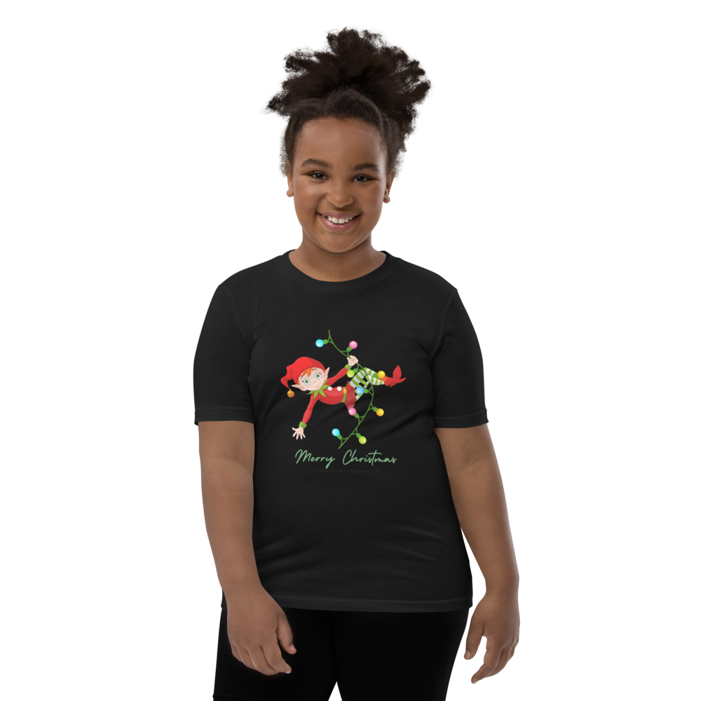 Elf Swinging on Christmas Lights Youth T-shirt