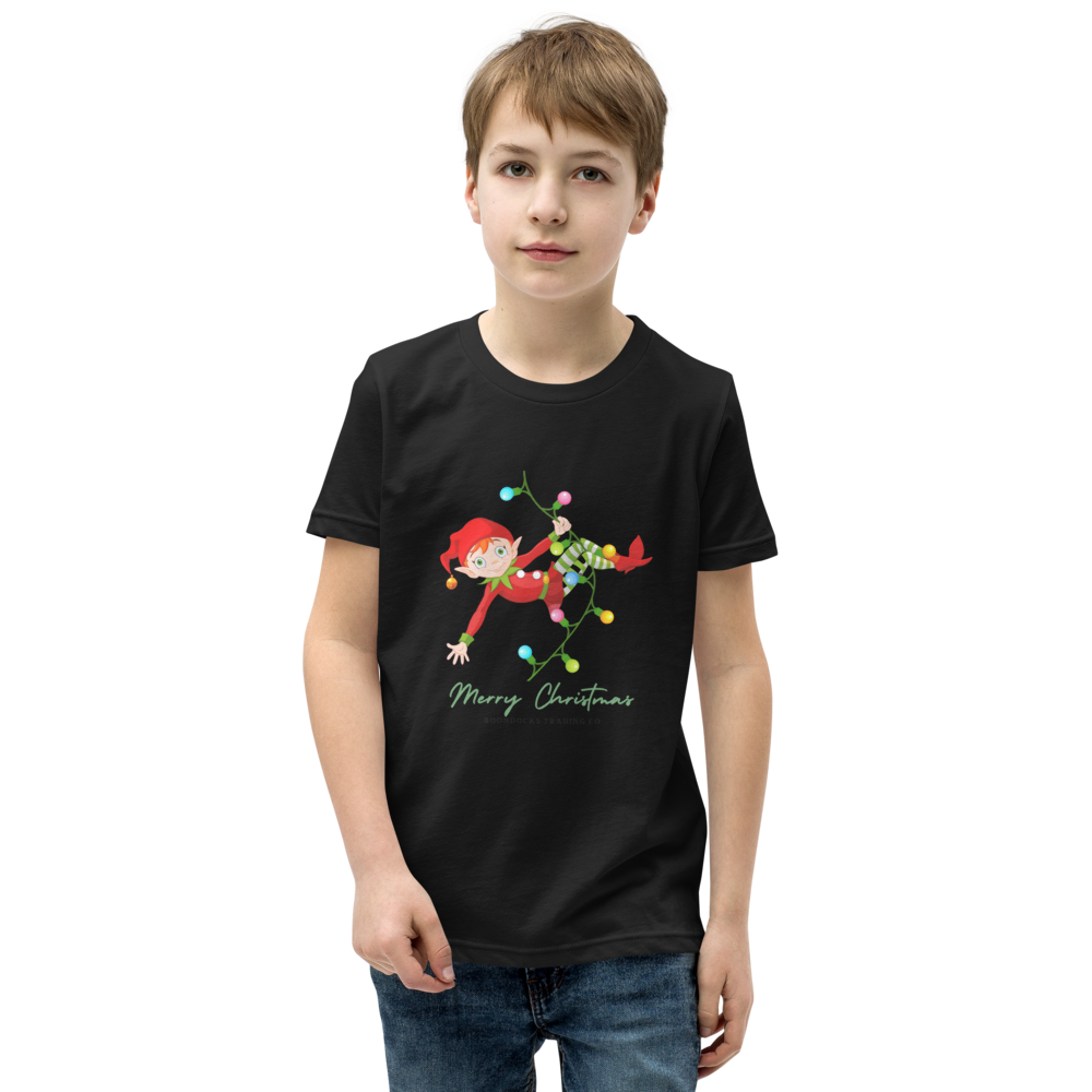 Elf Swinging on Christmas Lights Youth T-shirt