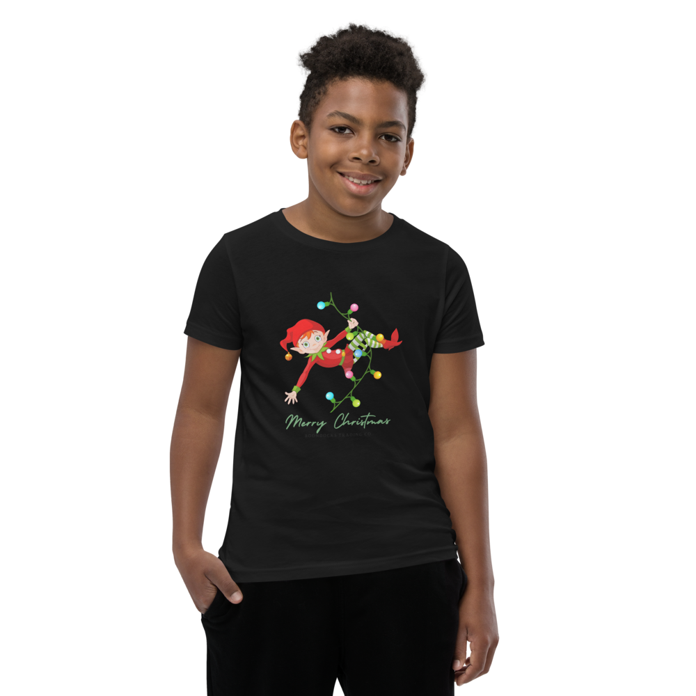 Elf Swinging on Christmas Lights Youth T-shirt