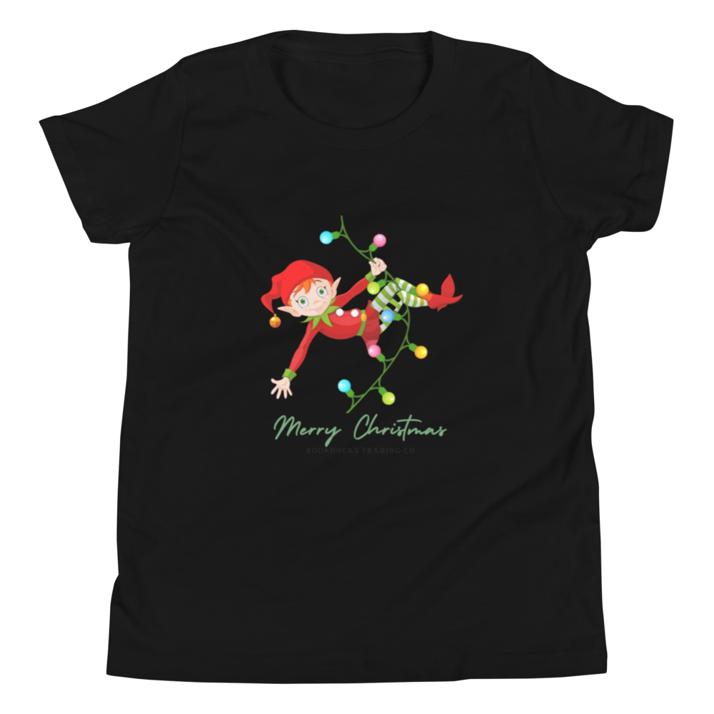 Elf Swinging on Christmas Lights Youth T-shirt