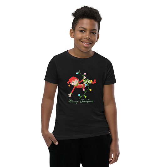 Elf Swinging on Christmas Lights Youth T-shirt